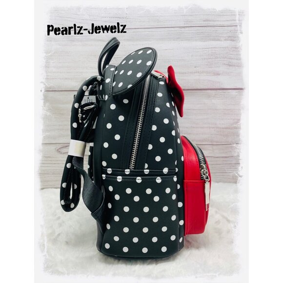 Loungefly Minnie Mouse Black Quilted Mini Backpack with Red Polka Dot Bow Loungefly Disney Minnie Mouse Black Backpack with Red Polka  main image 3